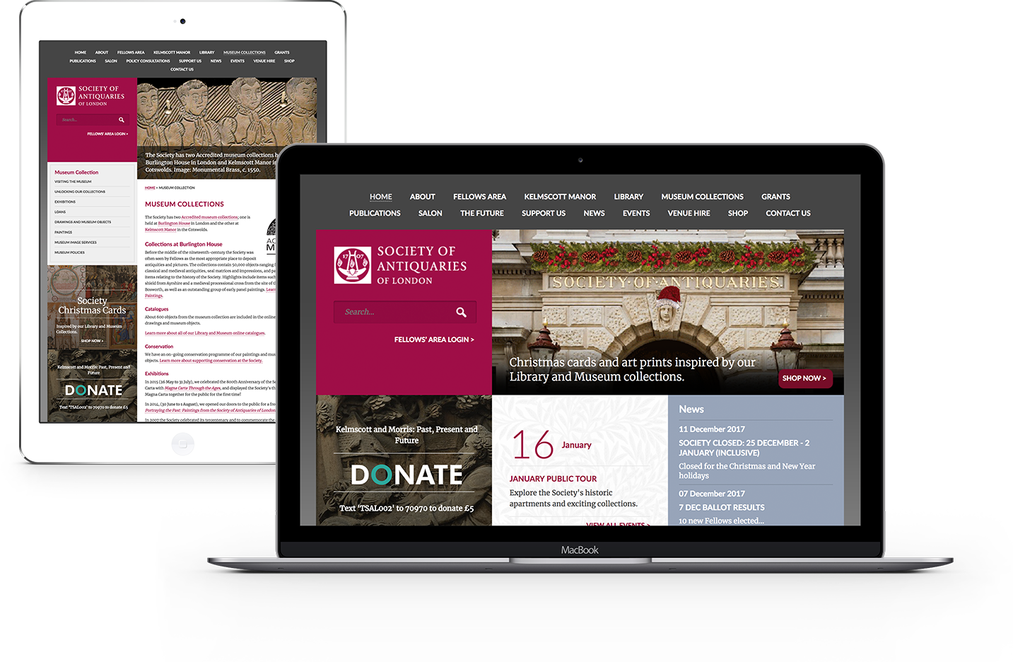 Image showing digital transformation of Society of Antiquaries' responsive website across tablet and laptop