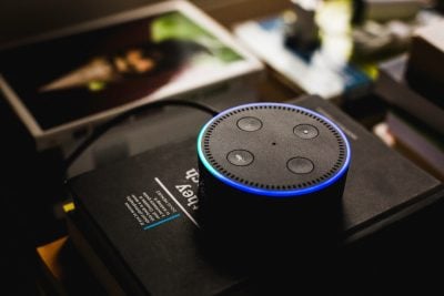 Picture showing an Amazon Echo Dot on which you can use Alexa skills 